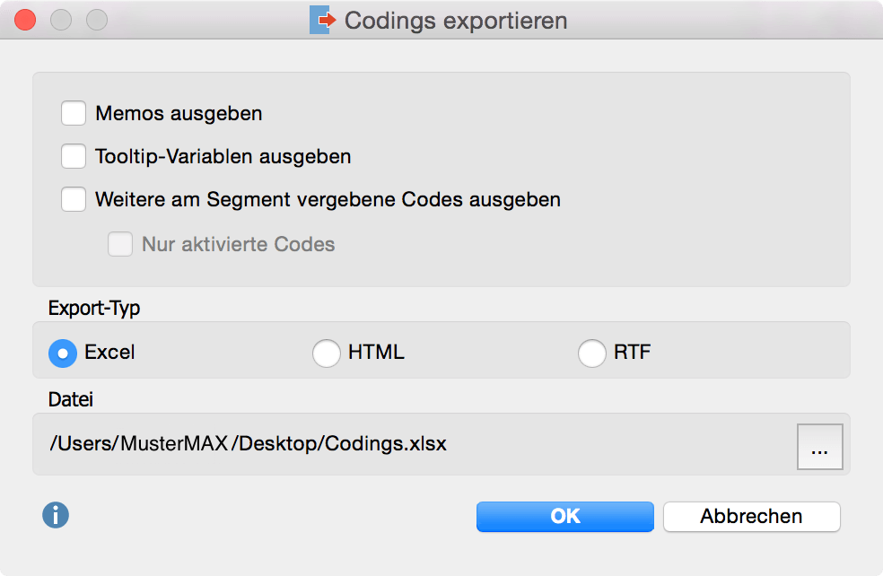 Dialog-Fenster: Codings Exportieren