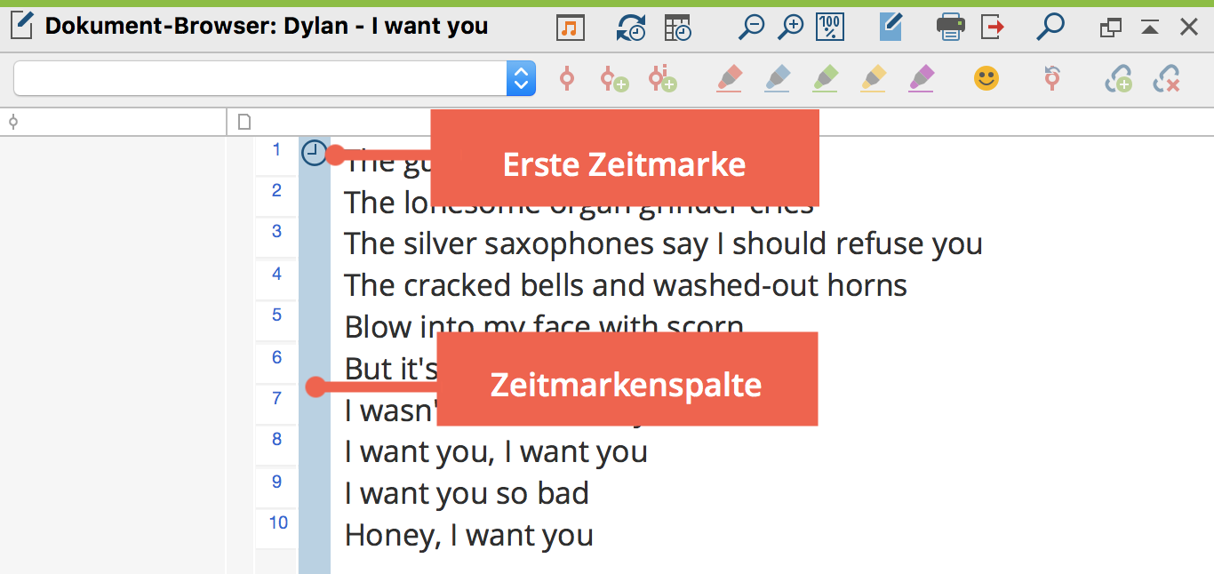 Importiertes Transkript mit zugeordneter Media-Datei im „Dokument-Browser“ Importiertes Transkript mit zugeordneter Media-Datei im „Dokument-Browser“