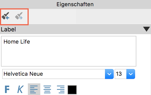 Die Symbole zum „Aufnehmen“ und „Übertragen“ der Objekt-Eigenschaften Die Symbole zum „Aufnehmen“ und „Übertragen“ der Objekt-Eigenschaften