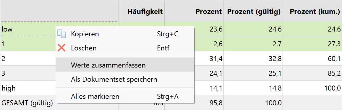 Mehrere Werte zusammenfassen mithilfe des Kontextmenüs Mehrere Werte zusammenfassen mithilfe des Kontextmenüs