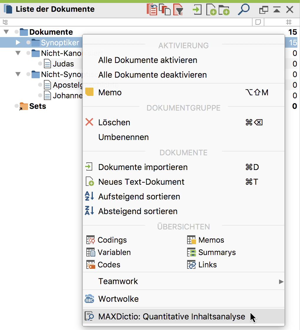 Auszählung der Kategorienhäufigkeiten über das Kontextmenü in der „Liste der Dokumente“ aufrufen Auszählung der Kategorienhäufigkeiten über das Kontextmenü in der „Liste der Dokumente“ aufrufen