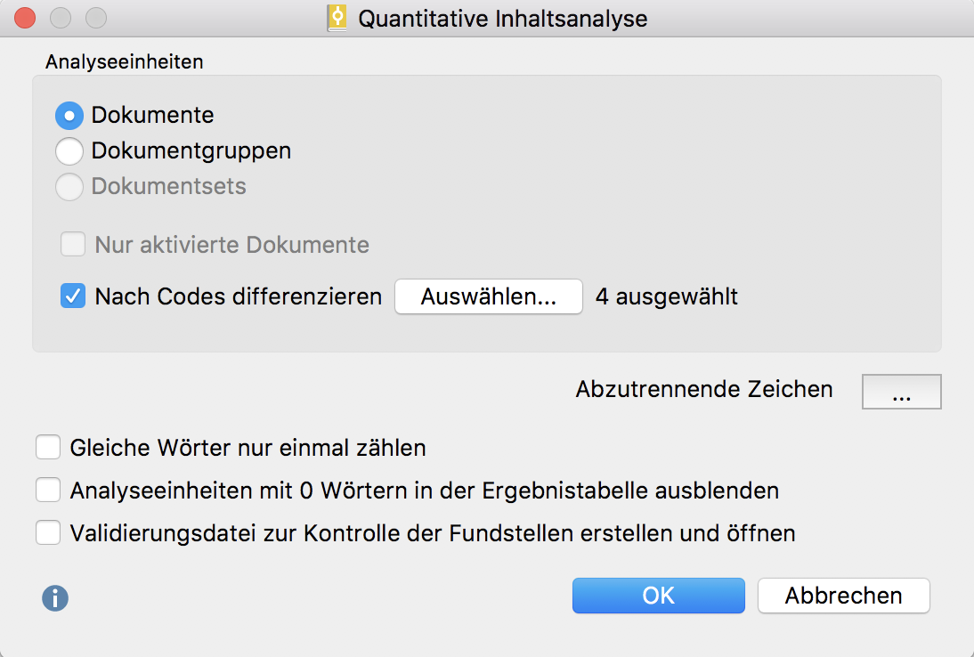 Optionsdialog für die Funktion „Quantitative Inhaltsanalyse Optionsdialog für die Funktion „Quantitative Inhaltsanalyse“