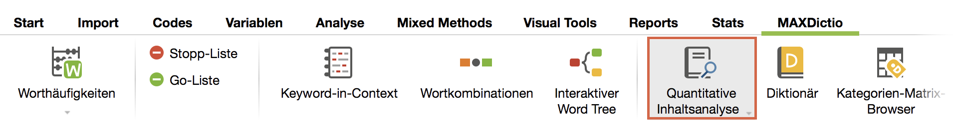 „Quantitative Inhaltsanalyse“ im Tab „MAXDictio“ starten „Quantitative Inhaltsanalyse“ im Tab „MAXDictio“ starten