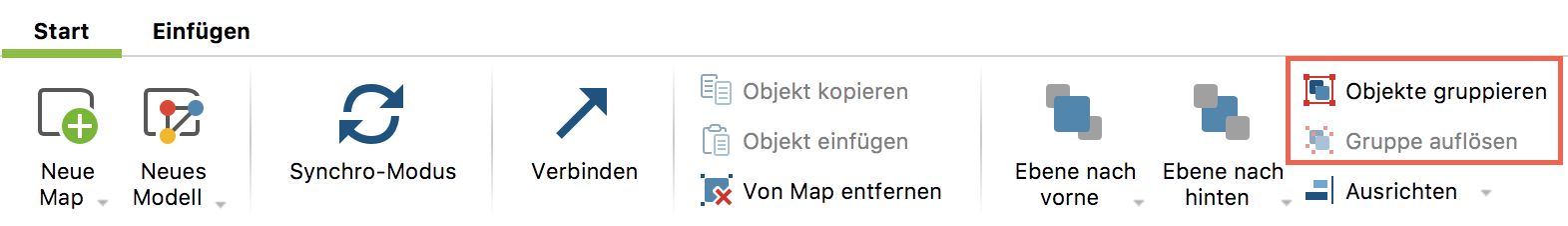 Mit den rot umrandeten Symbolen gruppieren Sie Objekte und heben ihre Gruppierung wieder auf Mit den rot umrandeten Symbolen gruppieren Sie Objekte und heben ihre Gruppierung wieder auf
