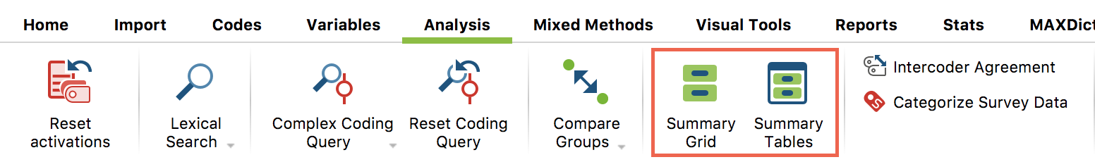 Summary function in the Analysis Tab Summary function in the Analysis Tab