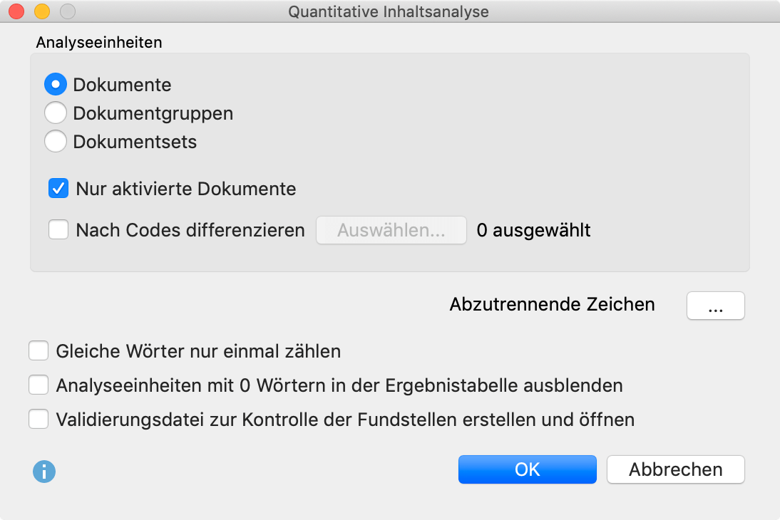 Optionsdialog für die Funktion „Quantitative Inhaltsanalyse“