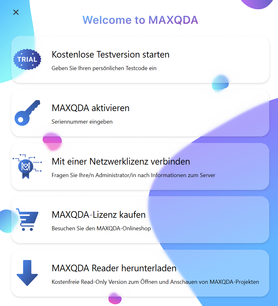 MAXQDA's Aktivierungsdialog mit den Aktivierungsoptionen
