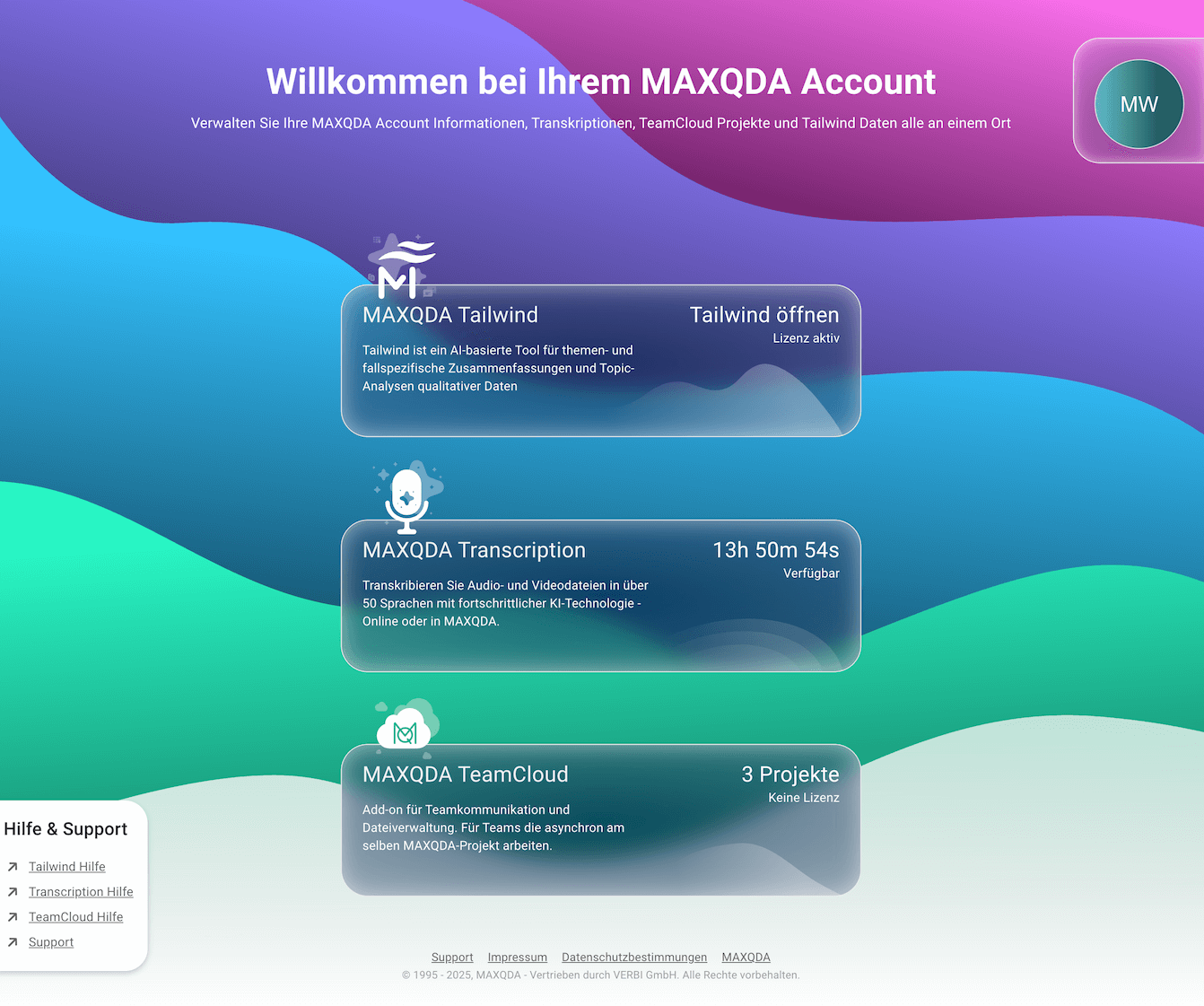 Screenshot of the MAXQDA Account dashboard