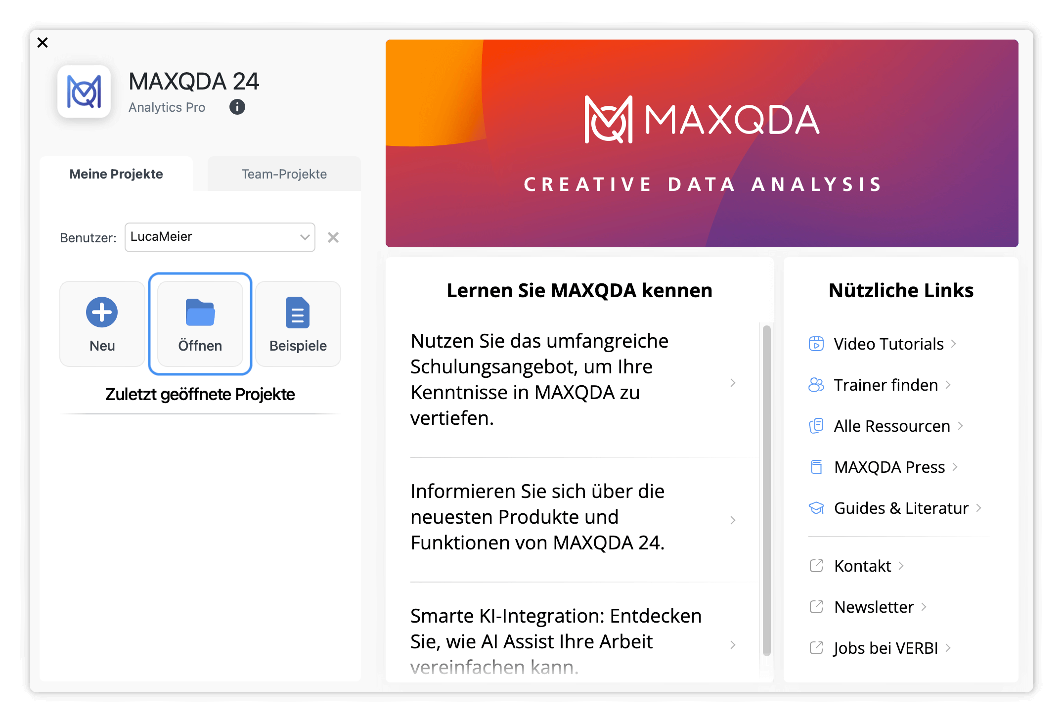 Ein vorhandenes Projekt im Startdialog öffnen