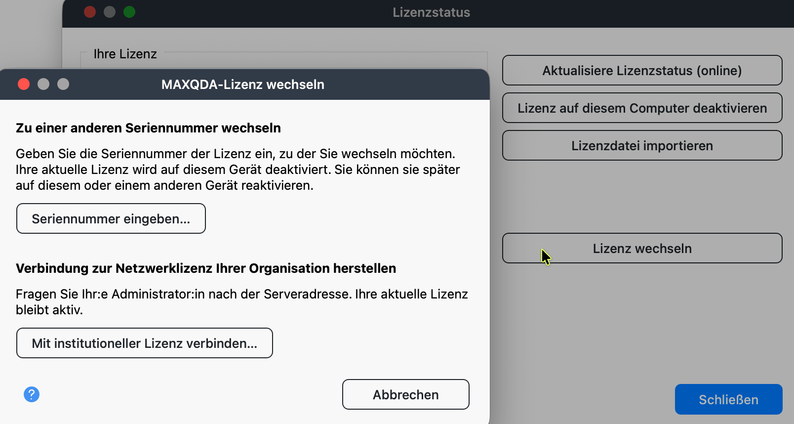 Den Dialog „MAXQDA-Lizenz wechseln“ über das Fenster „Lizenzstatus“ öffnen Der über die Schaltfläche „Lizenz wechseln“ im Fenster „Lizenzstatus“ geöffnete Dialog „MAXQDA-Lizenz wechseln“ mit seinen beiden Optionen: eine andere Seriennummer eingeben oder sich mit einer institutionellen Lizenz verbinden