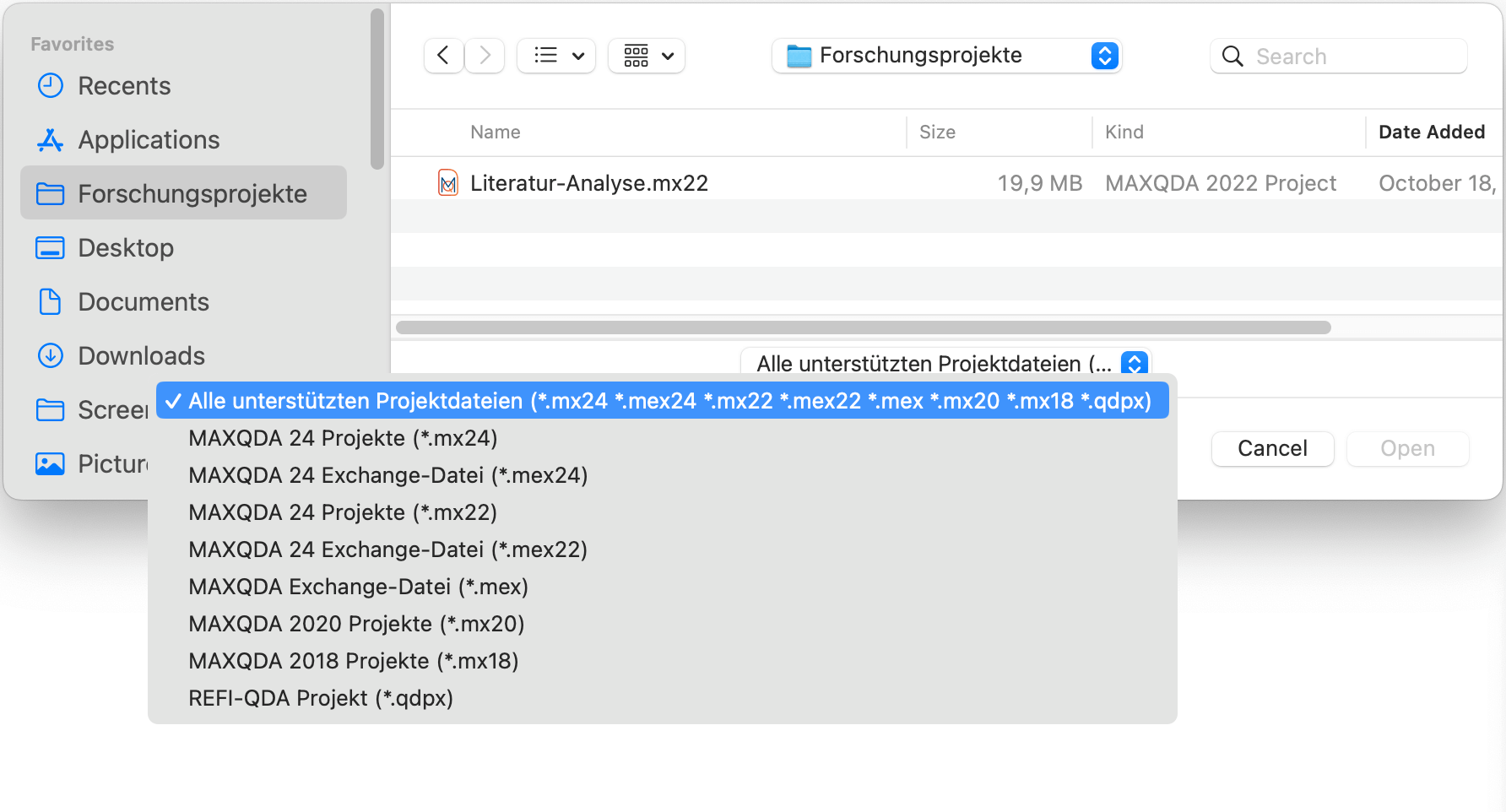 Eine vorhandene Projektdatei öffnen, die mit einer älteren MAXQDA-Version erstellt wurde