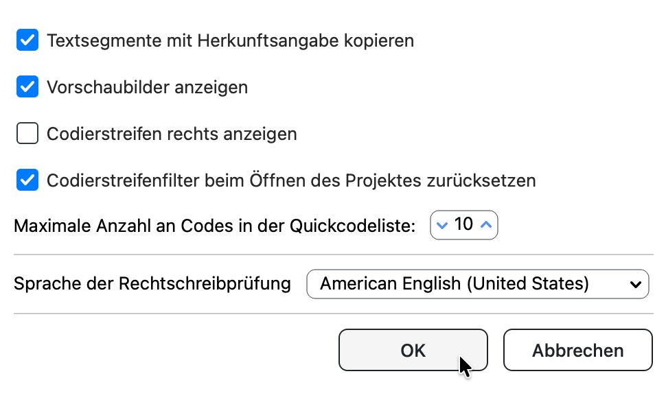 Dialog mit lokalen Einstellungen im Dokument-Browser