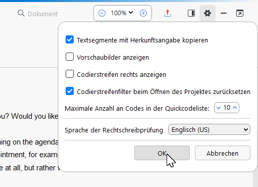 Dialog mit lokalen Einstellungen im Dokument-Browser