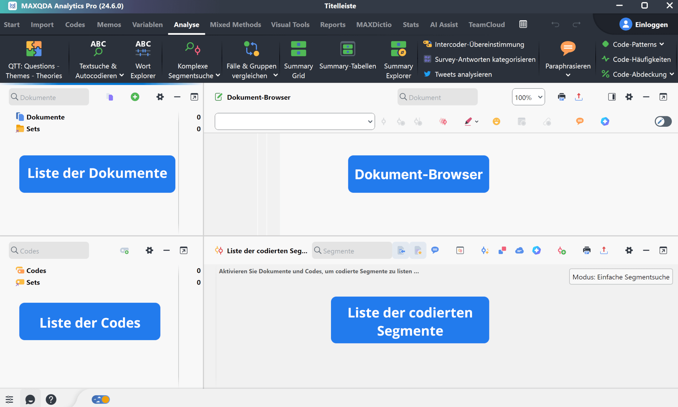 Die vier Hauptfenster von MAXQDA Die vier Hauptfenster von MAXQDA