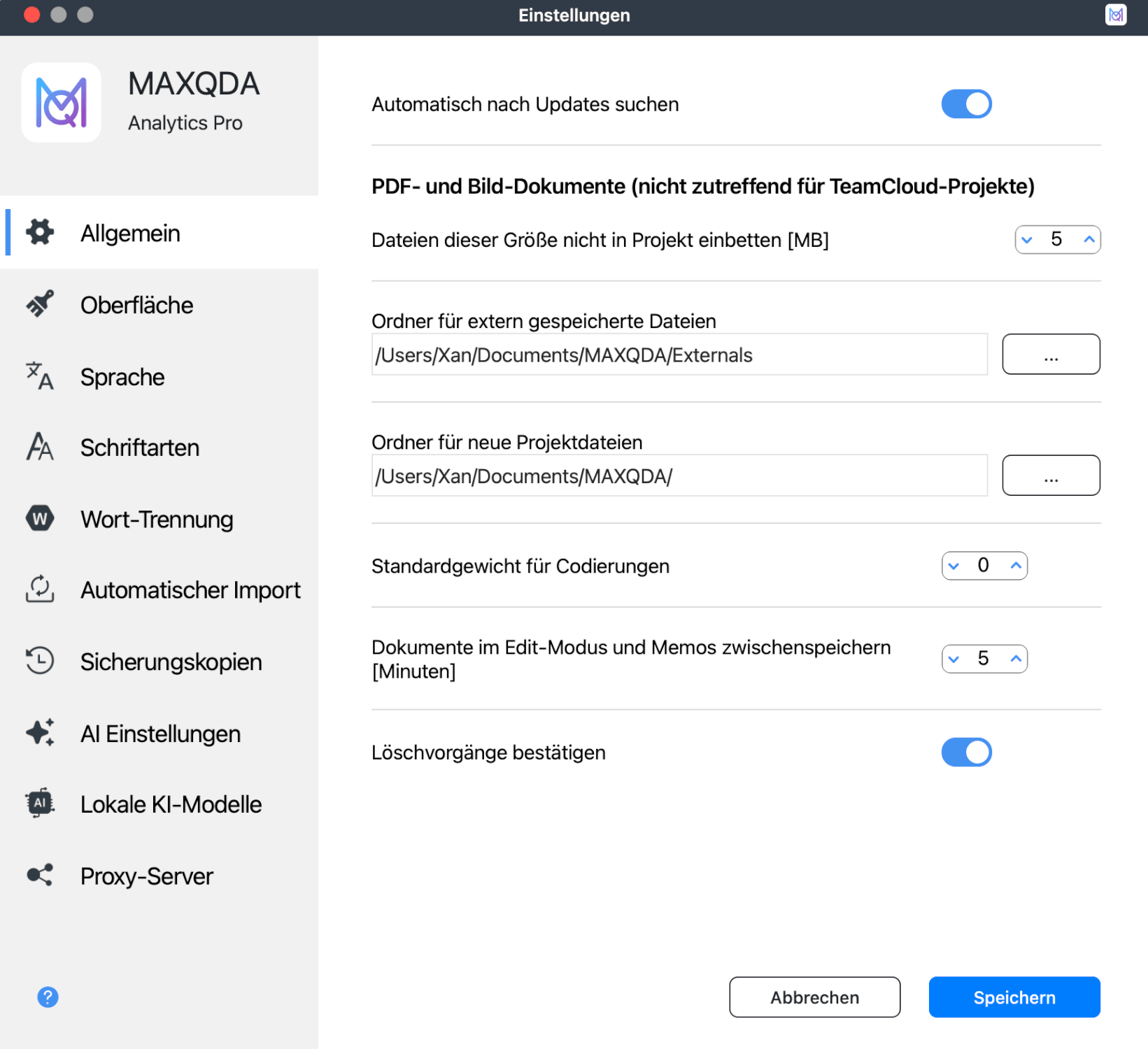 Der Bereich „Allgemein“ im Einstellungsfenster von MAXQDA