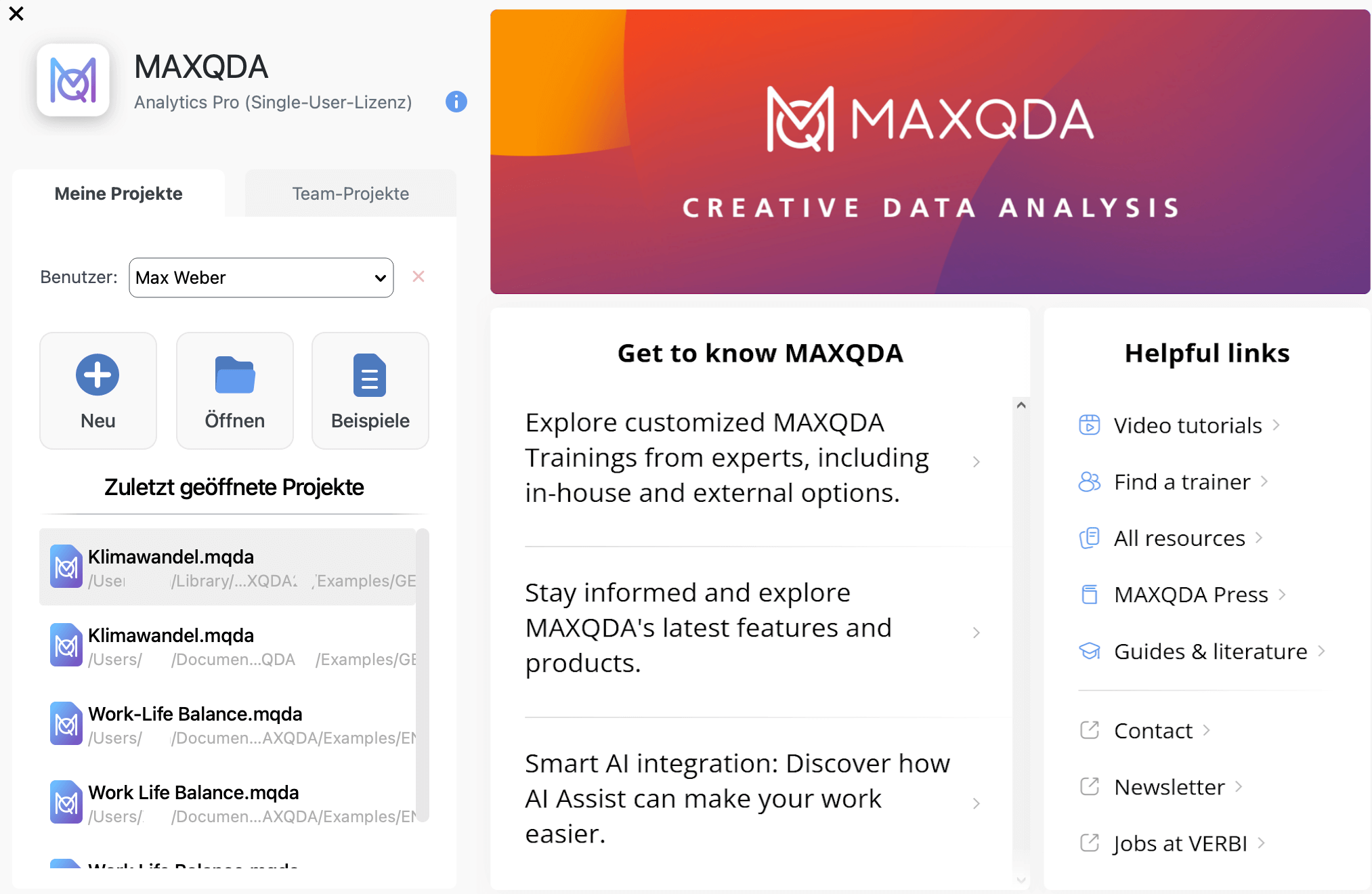 Start- und Anmeldefenster von MAXQDA Start- und Anmeldefenster von MAXQDA