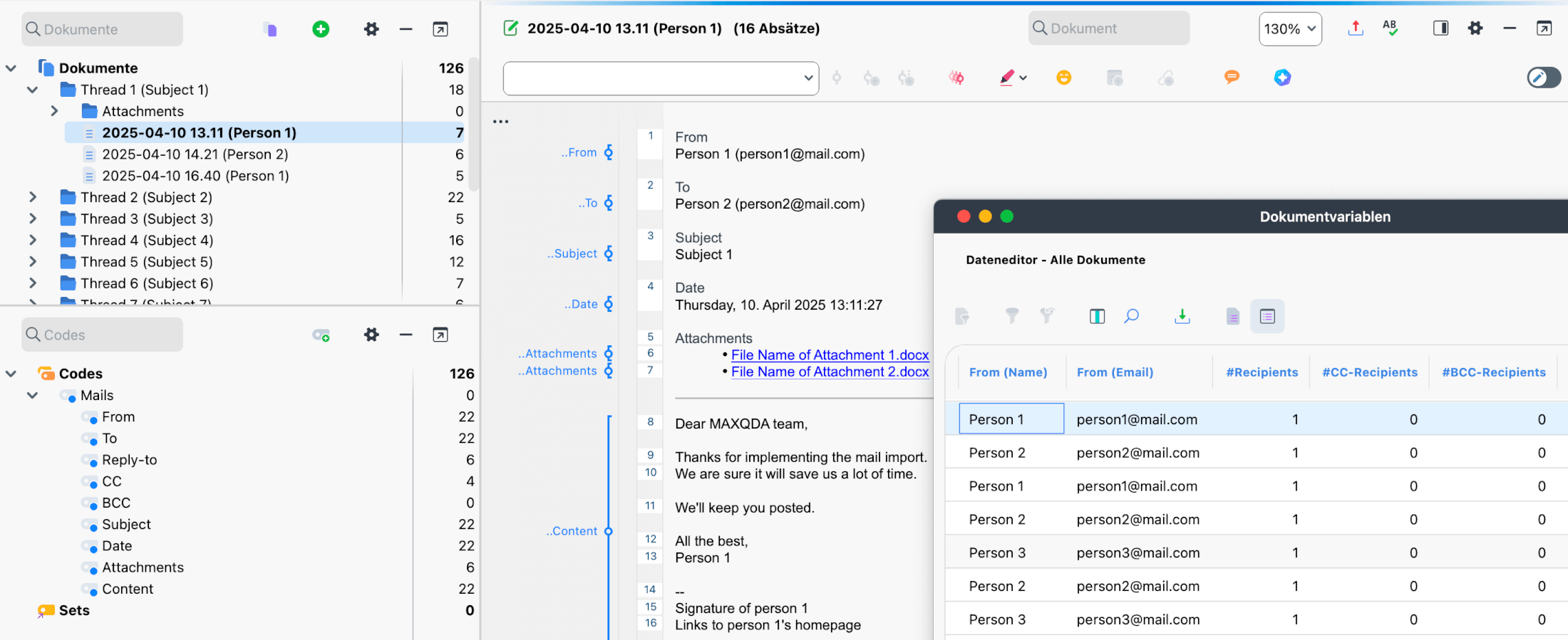 Über das EML- oder MSG-Format importierte E-Mails in MAXQDA, gruppiert nach Konversation (für die Darstellung anonymisiert) Über das EML- oder MSG-Format importierte E-Mails in MAXQDA, gruppiert nach Konversation (für die Darstellung anonymisiert)