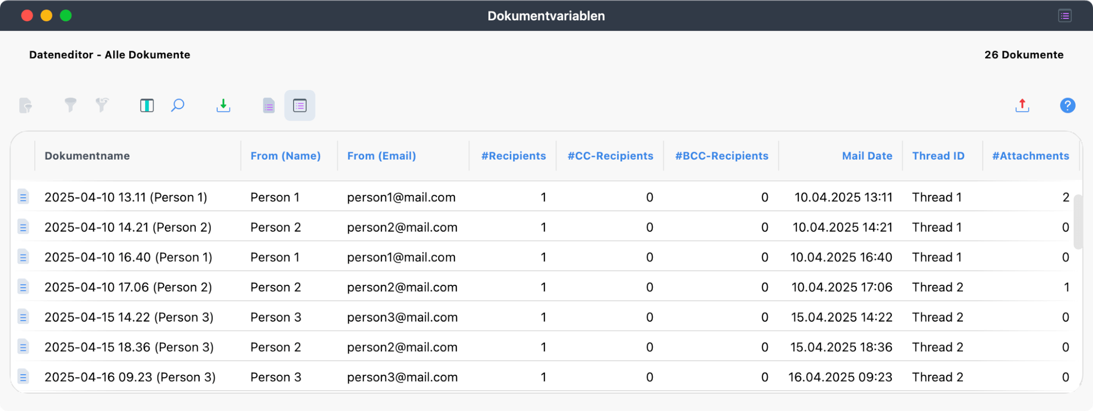 Dokumentvariablen für die importierten E-Mails Dokumentvariablen für die importierten E-Mails