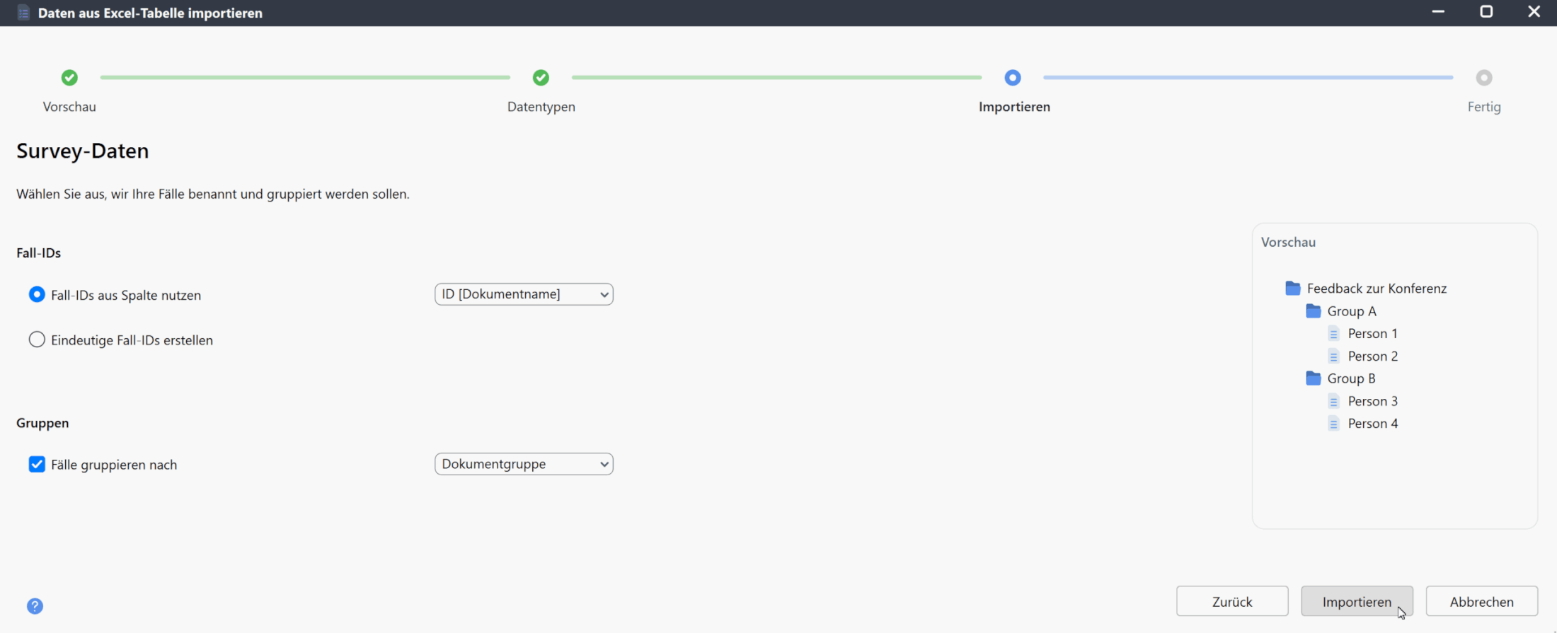 Schritt 3: Fall-IDs und Gruppen festlegen Screenshot des MAXQDA-Importdialogs, in dem Fall-IDs aus einer Spalte ausgewählt und Fälle nach Dokumentgruppen gruppiert werden, mit Vorschau auf der rechten Seite.