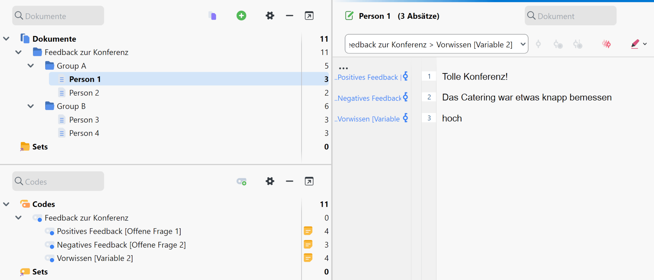 Importierte Umfragedaten im Dokument-System Screenshot von MAXQDA mit importierten Umfrageantworten im Dokument-System, gruppiert nach Gruppe A und Gruppe B.
