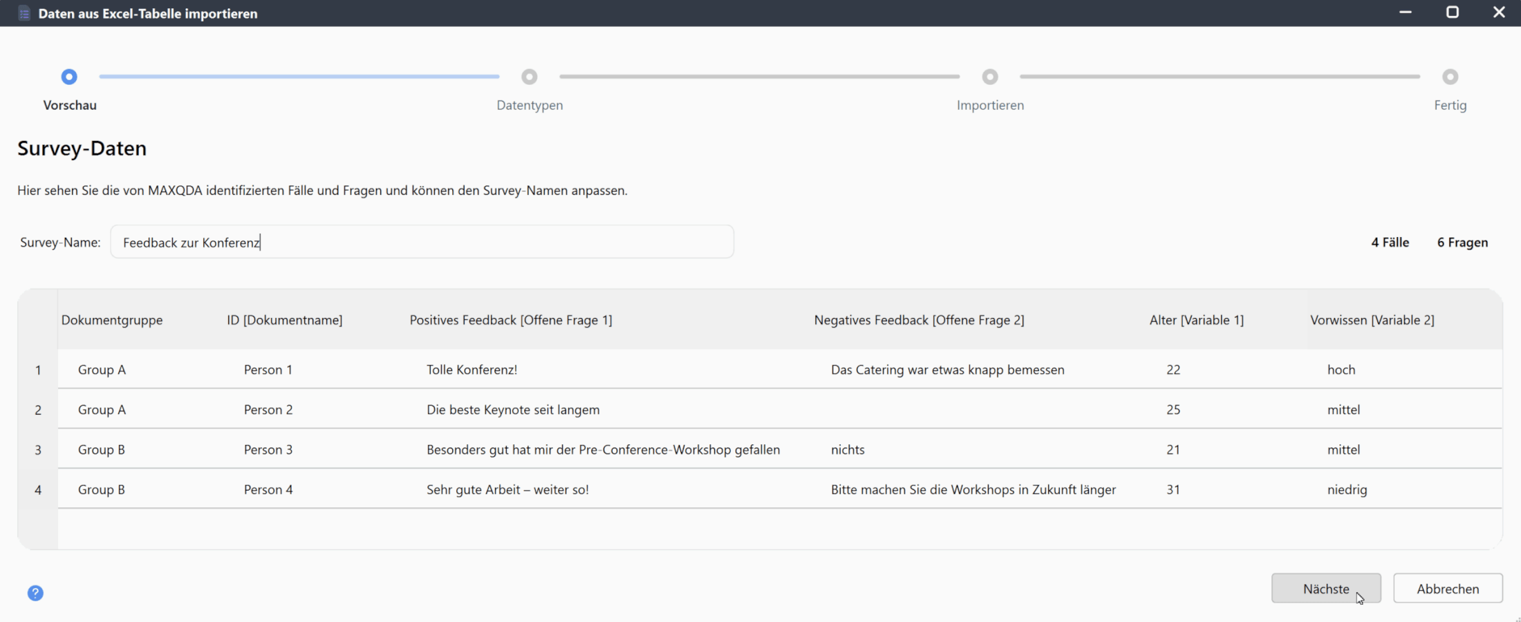 Schritt 1: Vorschau der Umfragedaten Beispiel-Screenshot des MAXQDA-Datensatzvorschau-Schritts beim Import von Survey-Daten