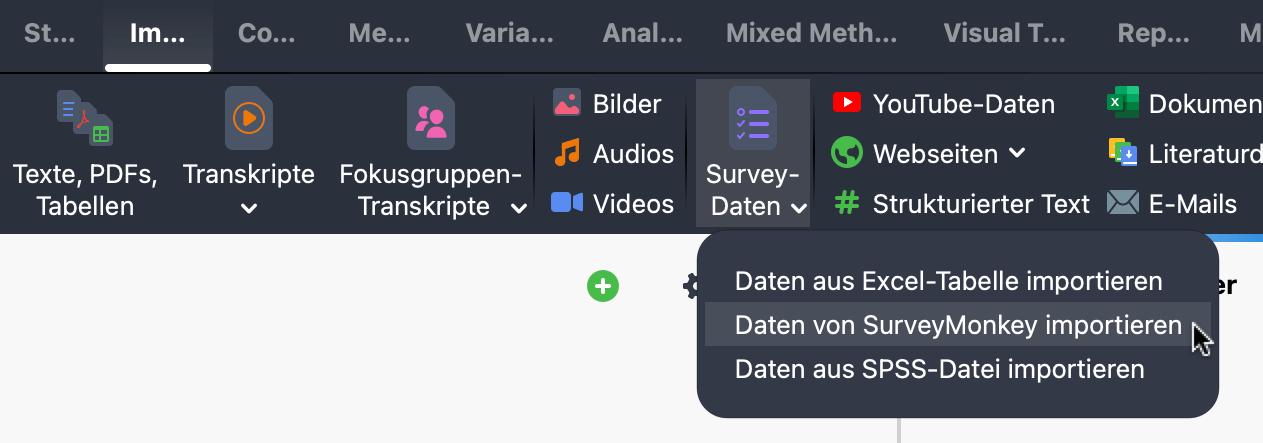 Menüoption in MAXQDA Screenshot des MAXQDA-Menüs Import > Umfragedaten > Aus SurveyMonkey importieren