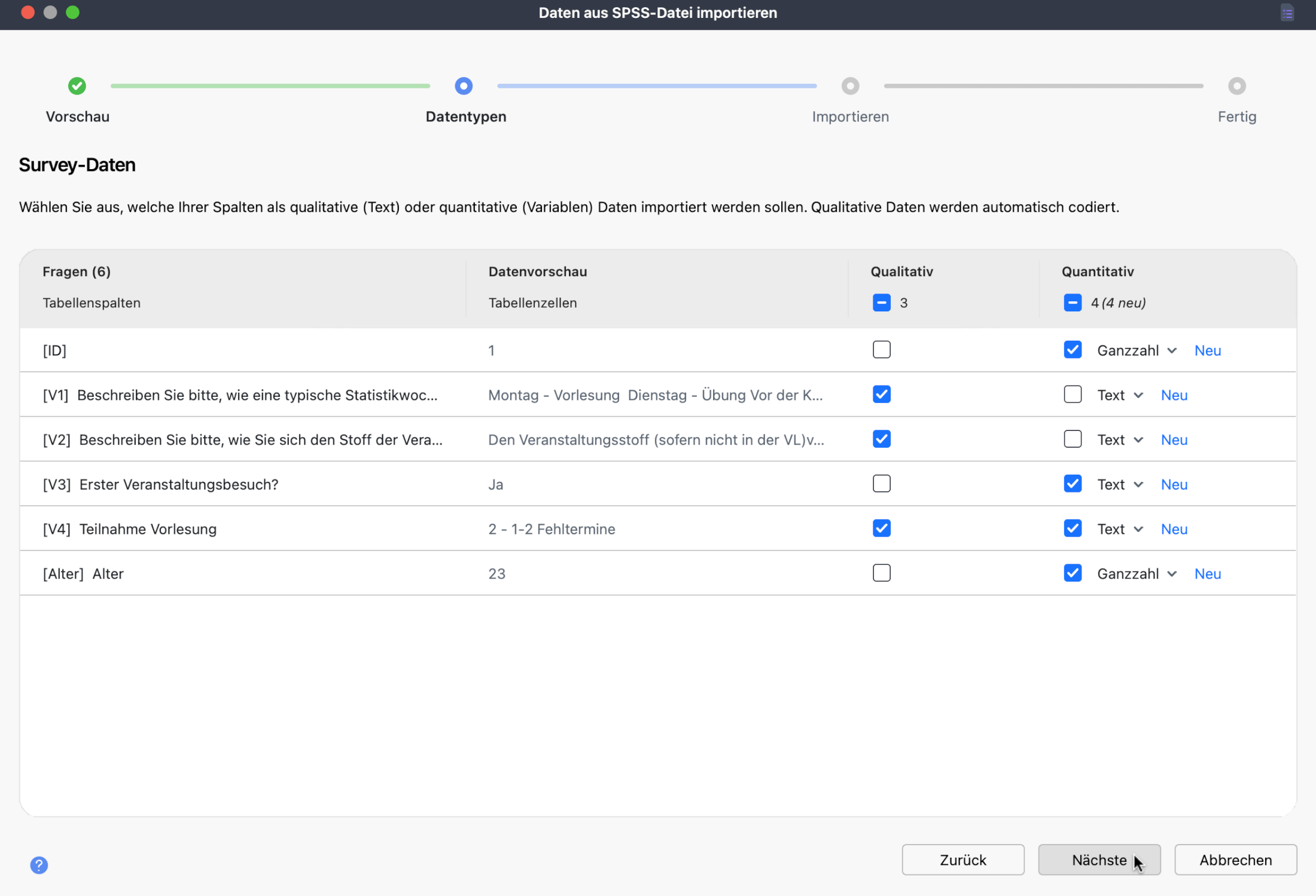 Screenshot des MAXQDA-Importdialogs zur Bestätigung der Datentypen, mit Spalten der Umfrage, Beispielwerten und Auswahlfeldern für qualitative und quantitative Daten.
