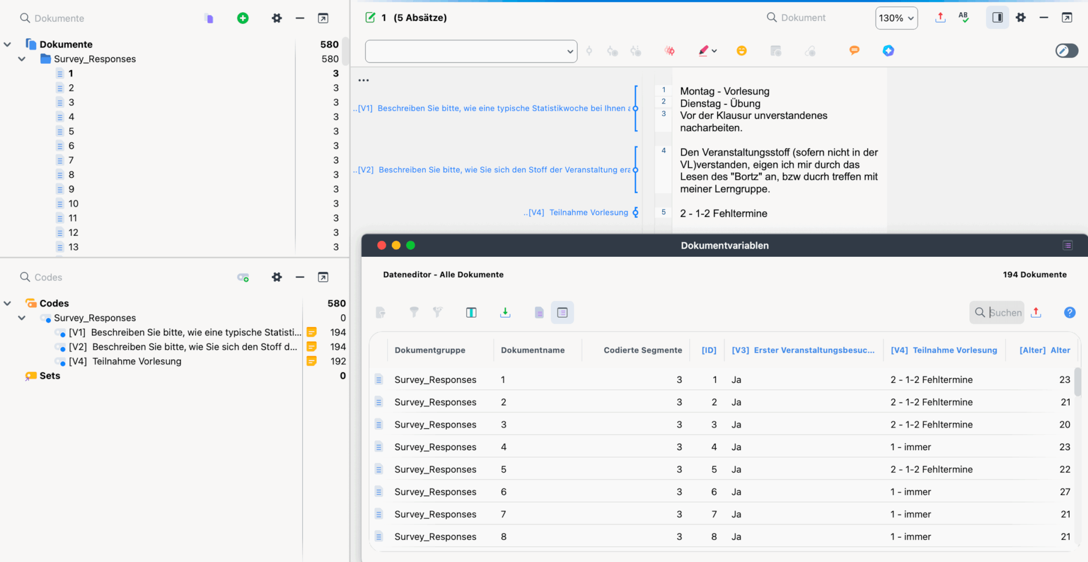 Importierte SPSS-Daten in MAXQDA Screenshot von beispielhaft importierten SPSS-Daten
