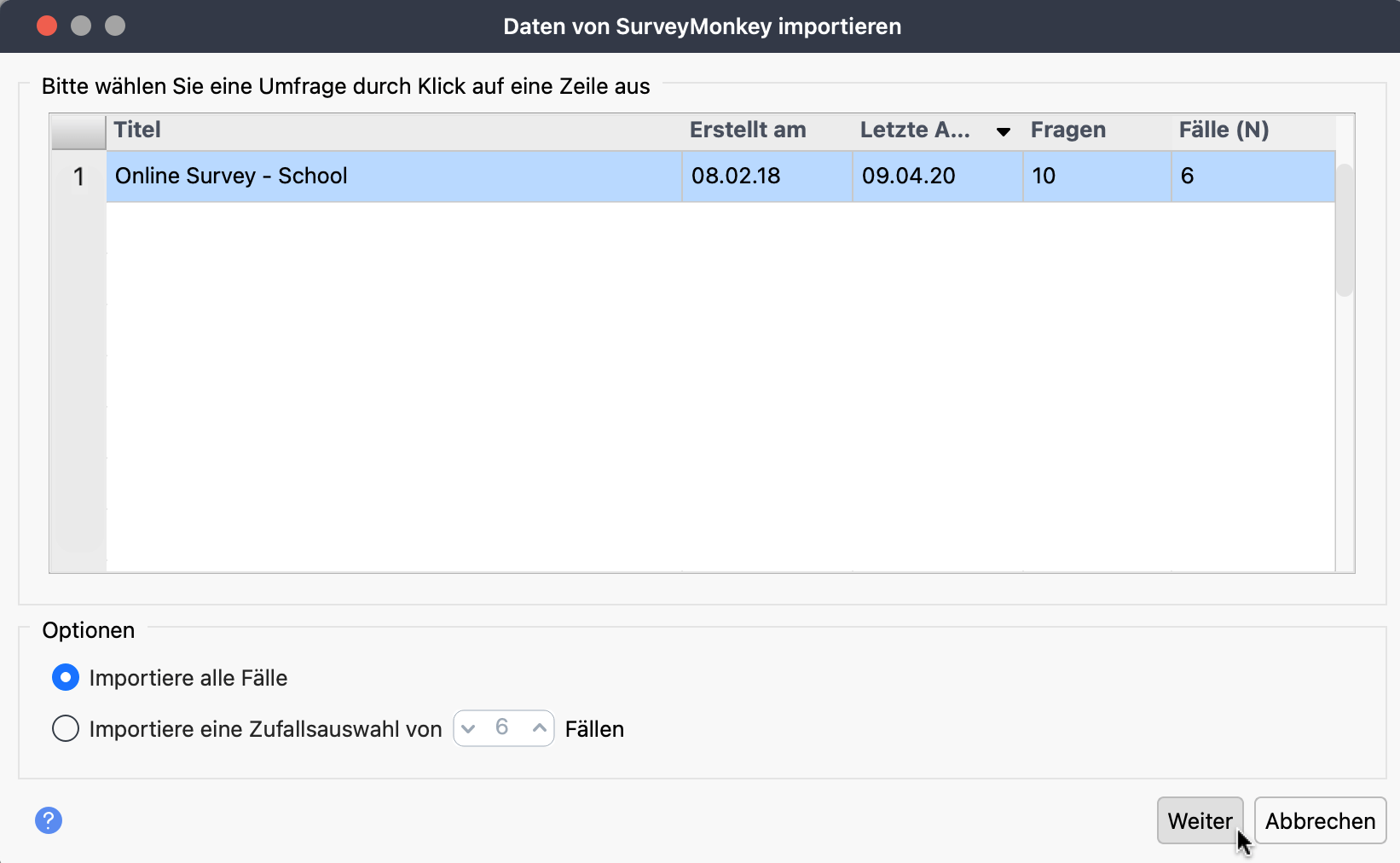 Dialog zur Auswahl einer SurveyMonkey-Survey in MAXQDA Screenshot des MAXQDA-Dialogs mit allen verfügbaren SurveyMonkey-Survey