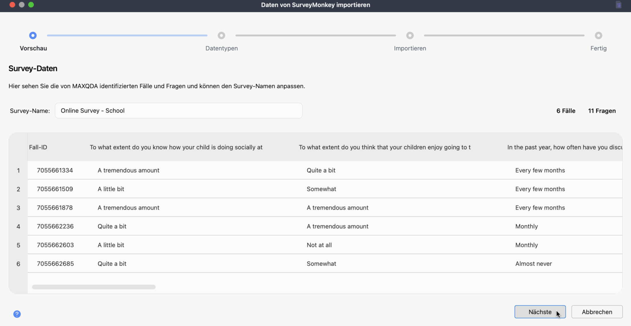 Survey-Daten in MAXQDA prüfen Screenshot des MAXQDA-Fensters mit Vorschau der erkannten Fälle und Fragen