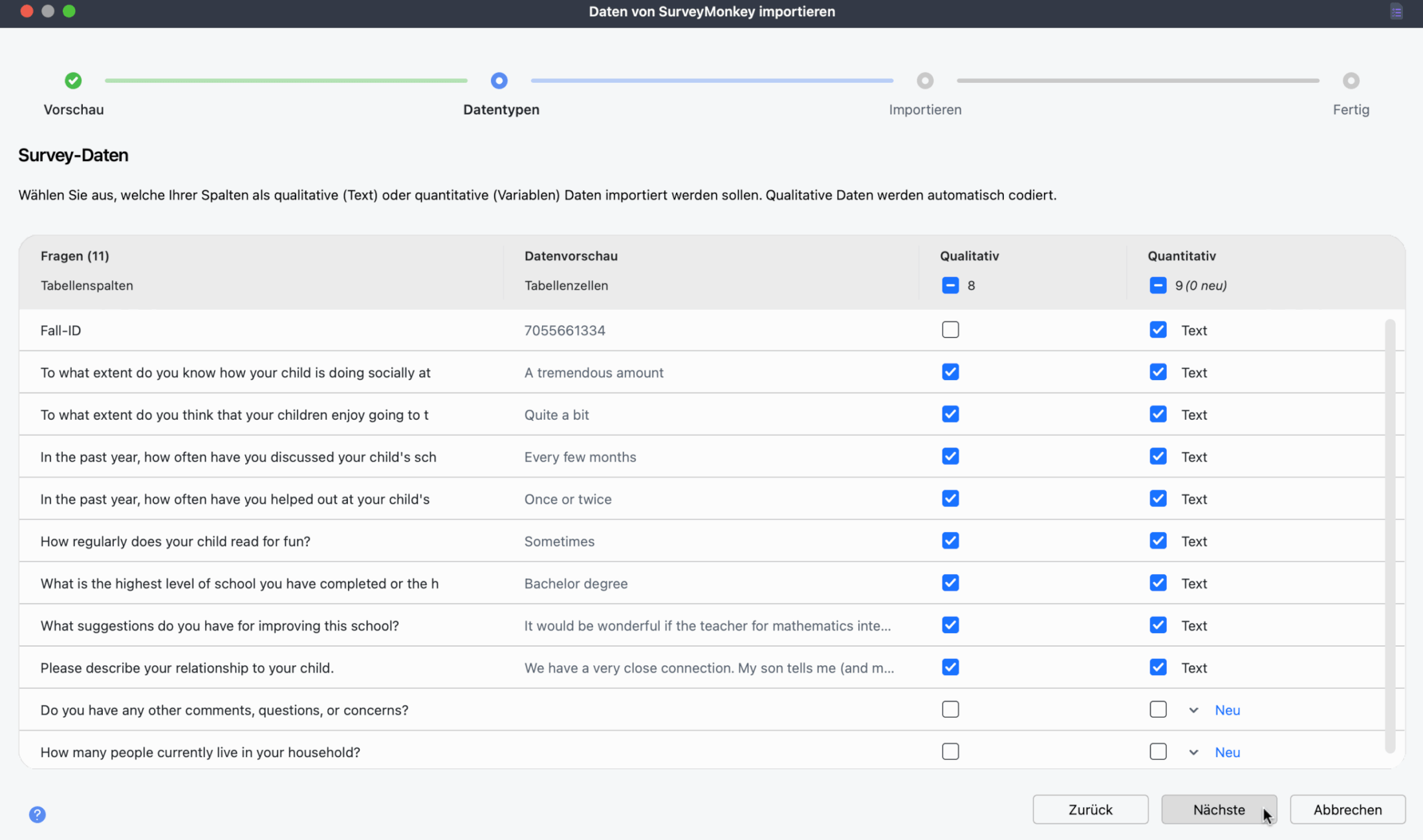 Datentypen in MAXQDA bestätigen Screenshot des MAXQDA-Dialogs zum Festlegen qualitativer oder quantitativer Spalten