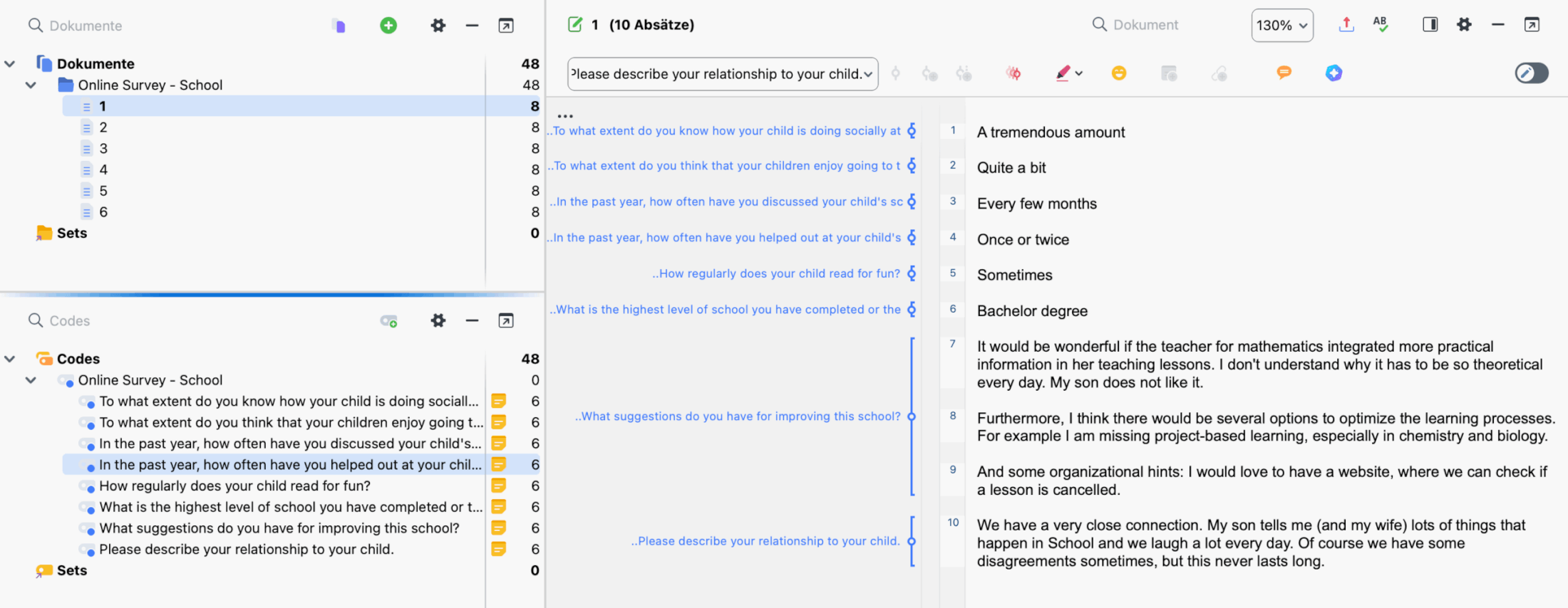 Importierte SurveyMonkey-Daten im Dokumentensystem Screenshot des MAXQDA-Dokumentensystems mit importierten SurveyMonkey-Daten