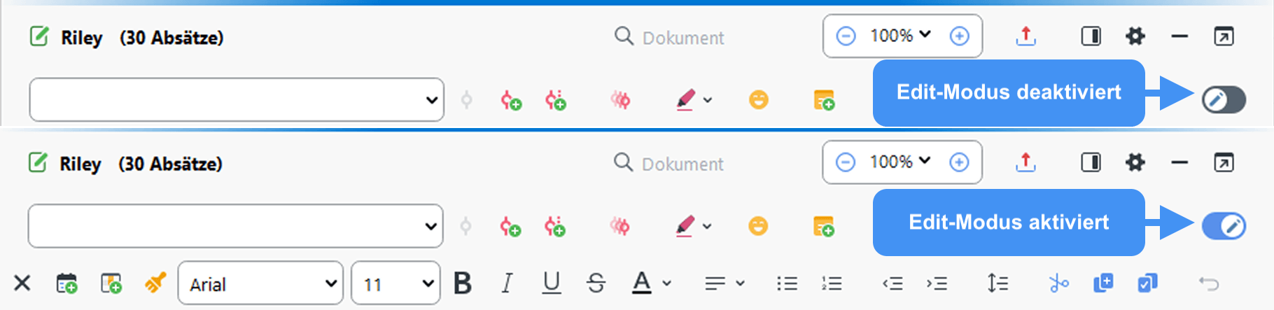 Symbolleiste des Dokument-Browsers mit ausgeschaltetem Edit-Modus (oben) und eingeschaltetem Edit-Modus (unten)