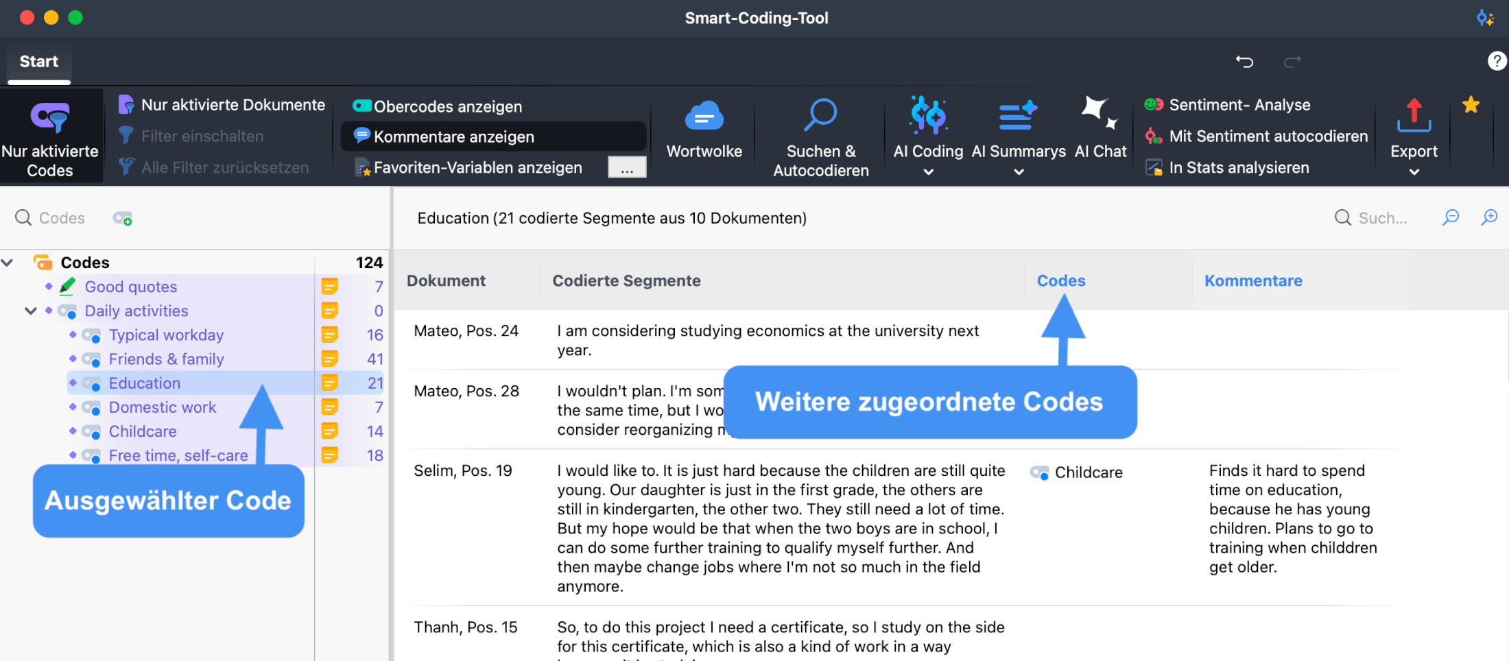 Der Arbeitsbereich des Smart-Coding-Tool mit Beschriftungen, die auf den ausgewählten Code links und die Codes-Spalte rechts hinweisen