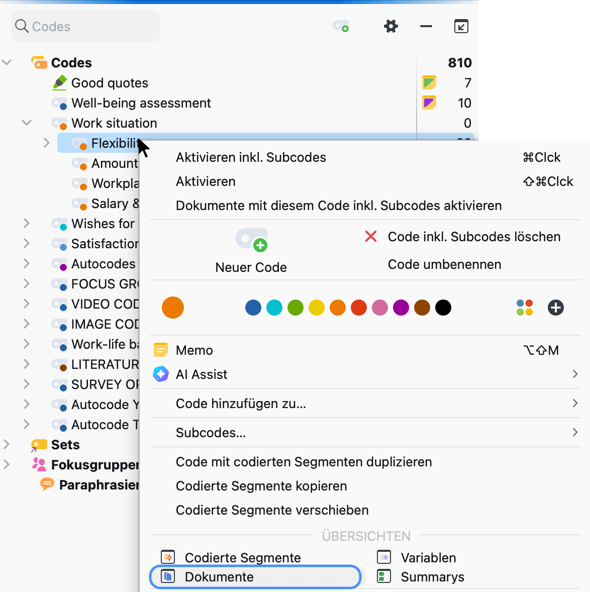 Die „Übersicht Dokumente“ im Kontextmenü der „Liste der Codes“ aufrufen Die „Übersicht Dokumente“ im Kontextmenü der „Liste der Codes“ aufrufen