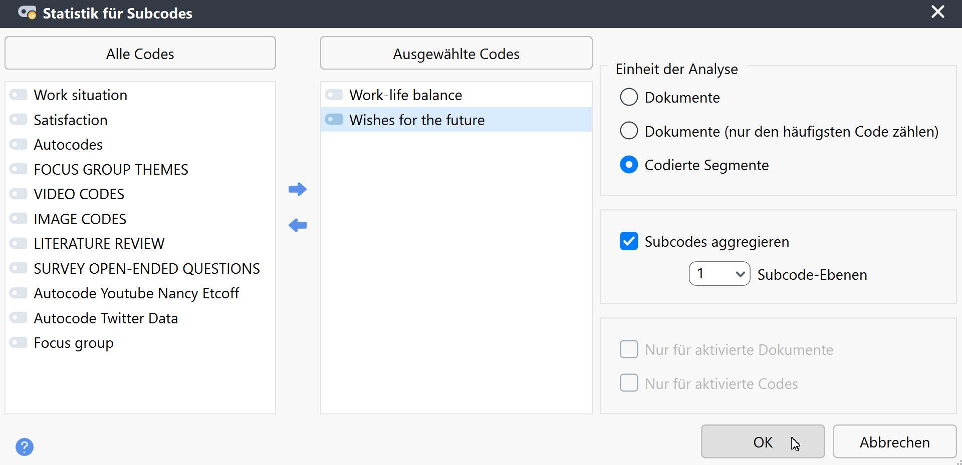 Optionsdialog für Statistik für Subcodes Optionsdialog für Statistik für Subcodes