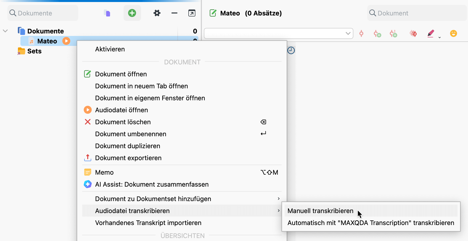Manuelle Transkription per Rechtsklick auf Dokument starten Manuelle Transkription per Rechtsklick auf Dokument starten