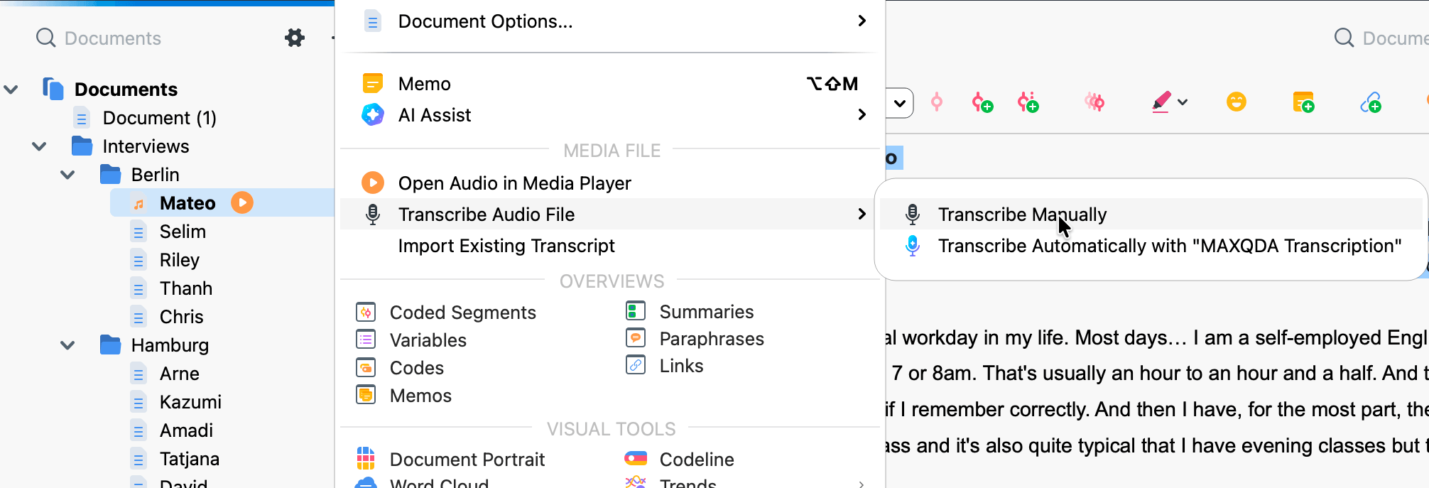 Rechtsklick-Kontextmenü in der Liste der Dokumente mit dem Abschnitt „Mediendatei“ und den Optionen „Audiodatei transkribieren“ und „Manuell transkribieren“ 