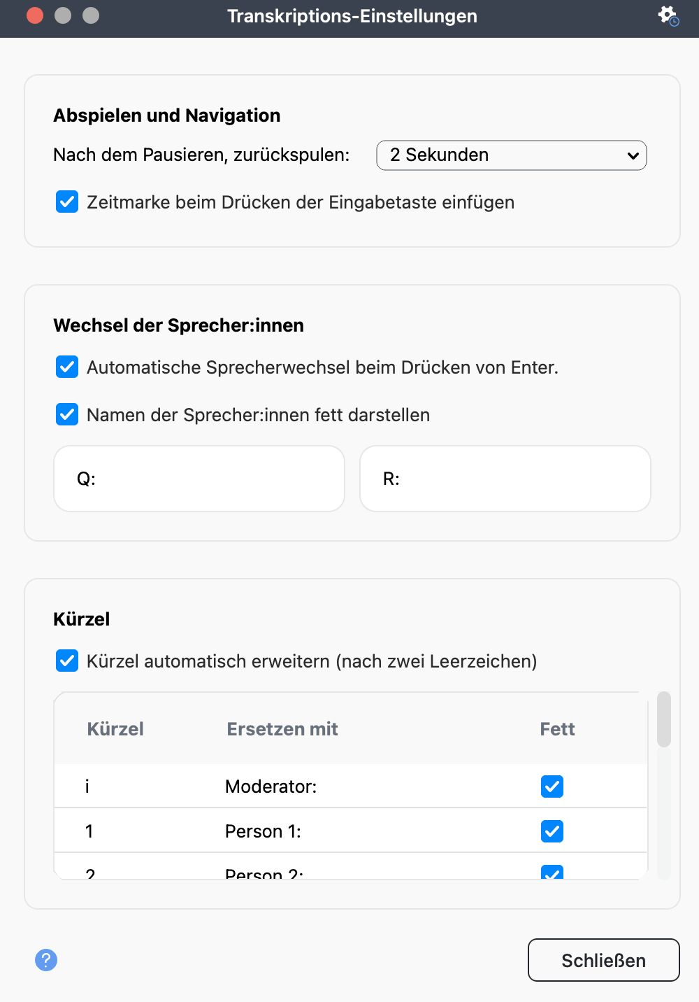 Dialog „Transkriptionseinstellungen“ mit den Abschnitten „Wiedergabe und Navigation“, „Sprecherwechsel“ und „Abkürzungen“