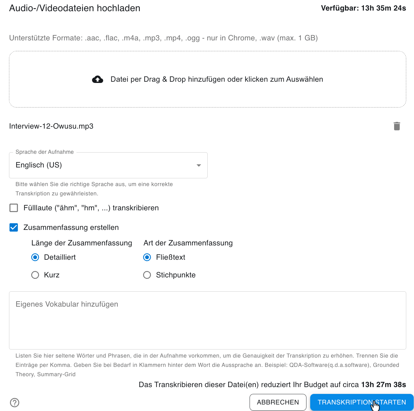 Optionen für die automatische Transkription festlegen Optionen für die automatische Transkription festlegen