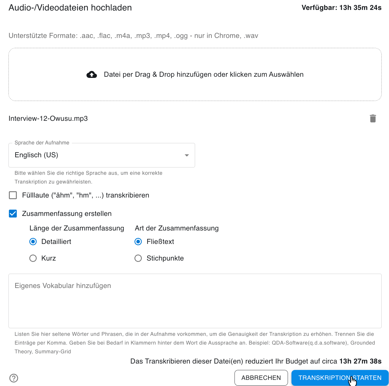 Optionen für die automatische Transkription festlegen Optionen für die automatische Transkription festlegen