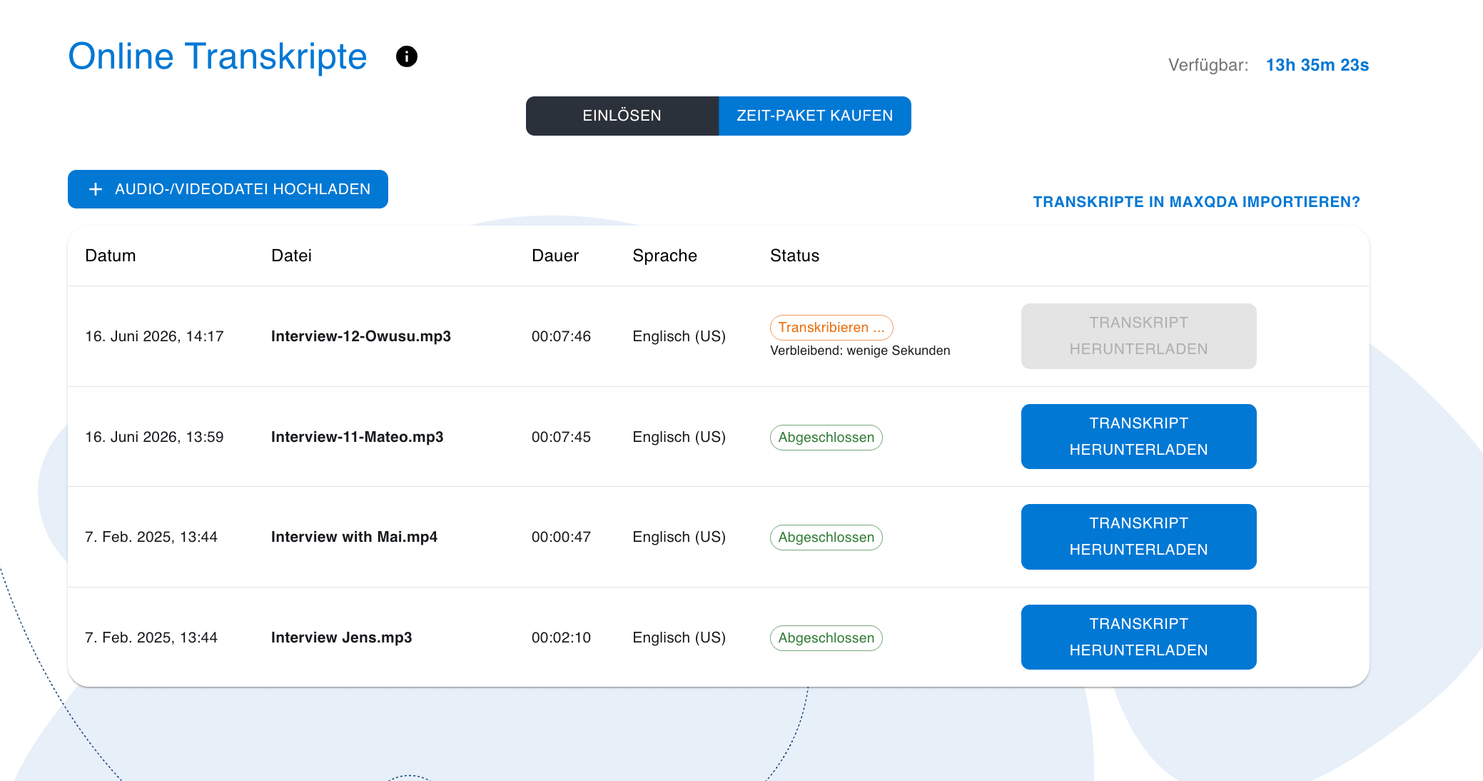 Der Status der Transkriptionen wird in einer übersichtlichen Tabelle angezeigt Der Status der Transkriptionen wird in einer übersichtlichen Tabelle angezeigt