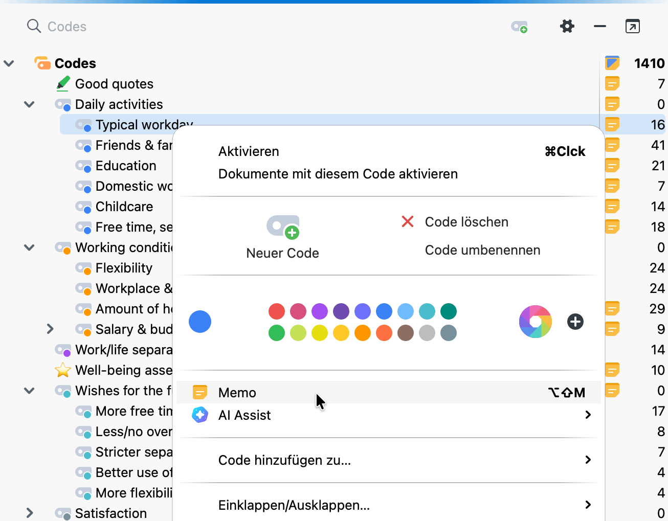 Screenshot des Fenster "Codes" mit der Möglichkeit, ein Code-Memo per Rechtsklick zu erstellen