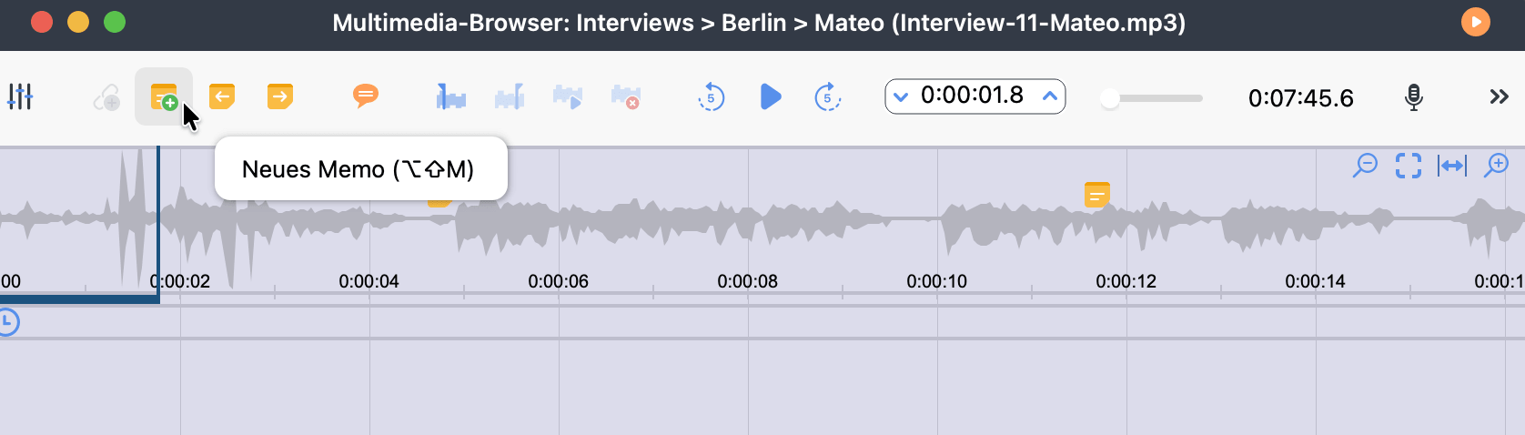 Screenshot des Multimedia-Browsers mit einem In-Media-Memo, das an eine Position in der Wellenform angeheftet ist