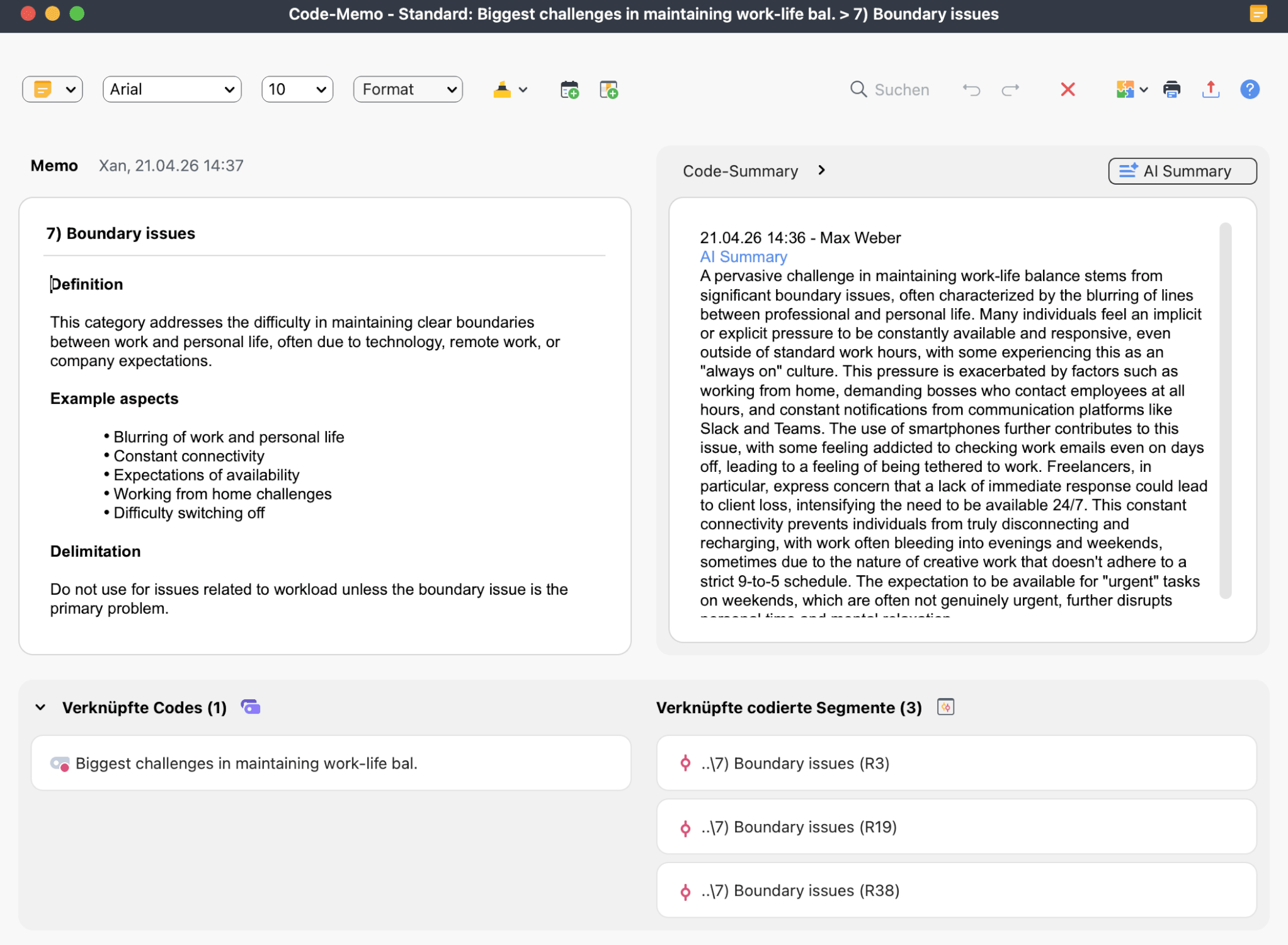 Beispiel eines Code-Memos in MAXQDA mit einer Definition, Ankerbeispielen und verknüpften codierten Segmenten für eine Kategorie