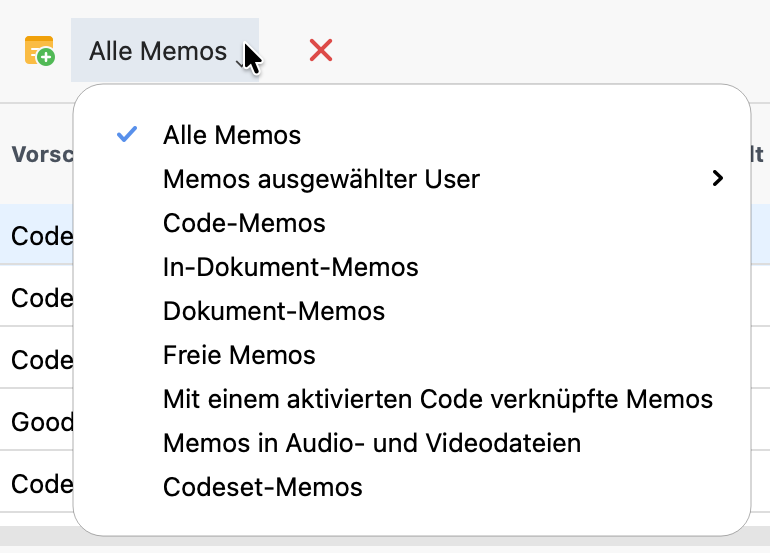 Aufklappmenü mit vordefinierten Filtern in der Übersicht Memos