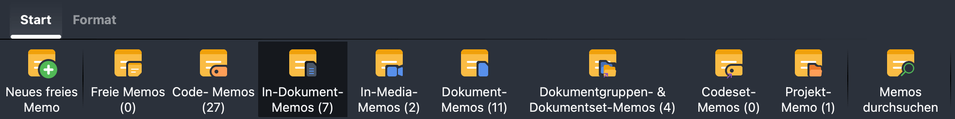 Derzeit sind nur die In-Dokument-Memos im Memo-Manager sichtbar Start-Menü mit ausschließlich ausgewählten In-Dokument-Memos