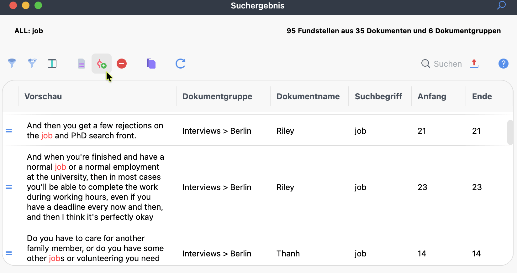 Suchtreffer autocodieren Das Fenster mit den Suchtreffern, das Symbol „Suchtreffer autocodieren“ ist hervorgehoben