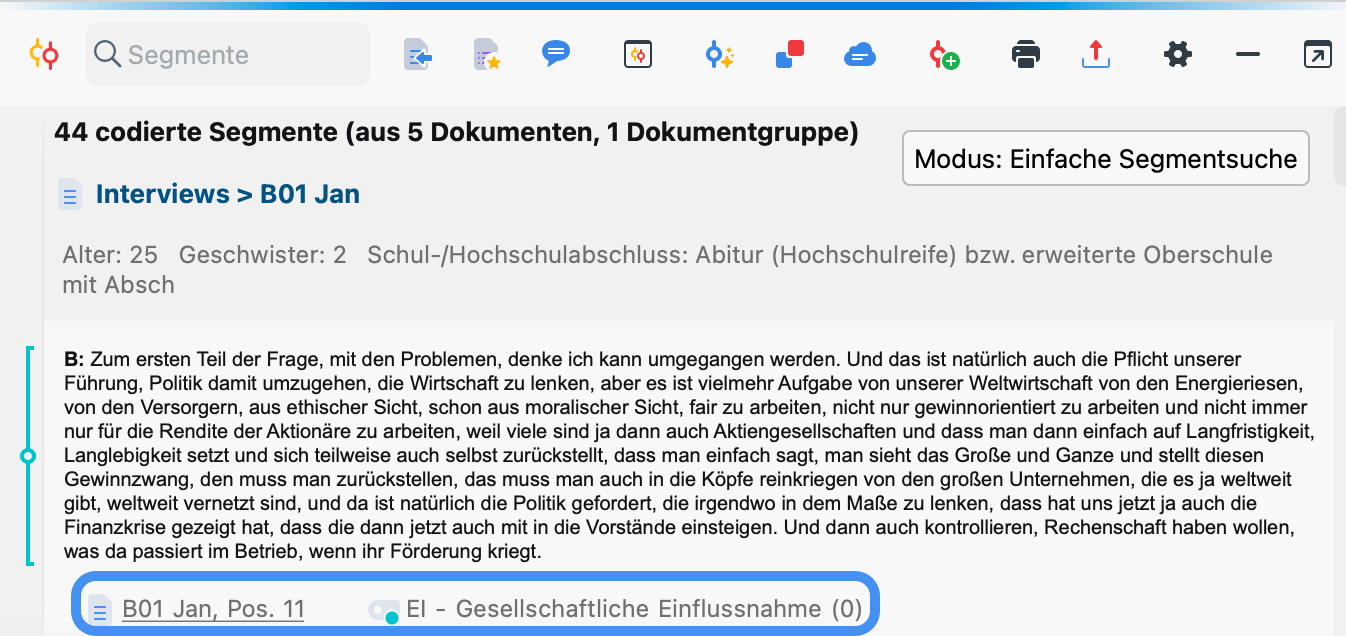 Gefundene Segmente im Fenster „Liste der codierten Segmente“ Gefundene Segmente im Fenster „Liste der codierten Segmente“