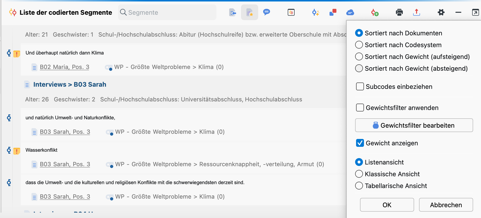 Lokale Einstellungen im Fenster „Liste der codierten Segmente“ Lokale Einstellungen im Fenster „Liste der codierten Segmente“